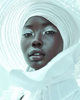 Beautiful african american woman in a white turban looking at the camera.