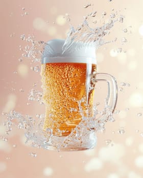 A mug of fresh beer in an airy whirlwind with expressive splashes on a light background