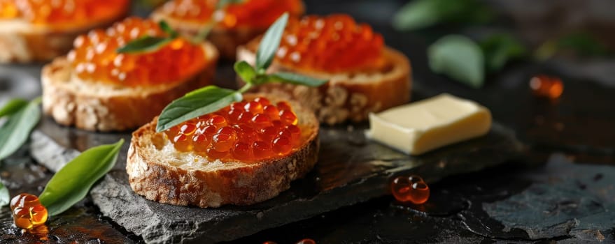 A sophisticated treat: a sandwich with red caviar, presented on a wooden table, is designed to satisfy the most refined taste preferences