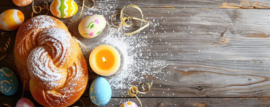 Bright Easter table with colorful Easter cake and eggs