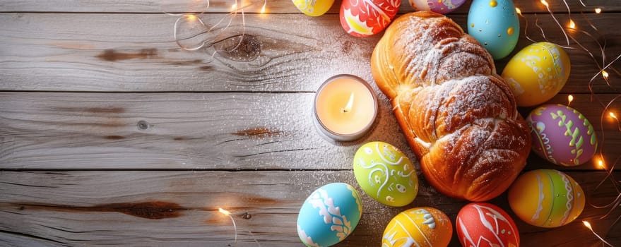 Festive table with traditional Easter cake and colorful Easter eggs