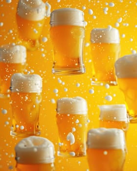Glasses of beer floating on bright yellow background with splashes.