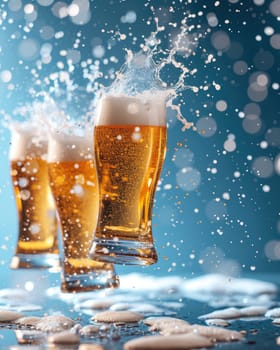 Fresh glasses of beer float on a bright blue background, filling the air with joy