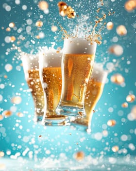 Magical glasses of beer float in the middle of a bright turquoise background, creating an atmosphere of fun.