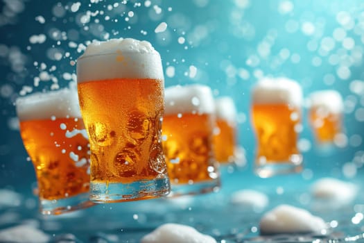 Magic glasses of beer floating on bright blue background.