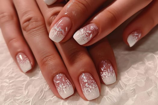 Close-up of delicate female manicure in pink tones.