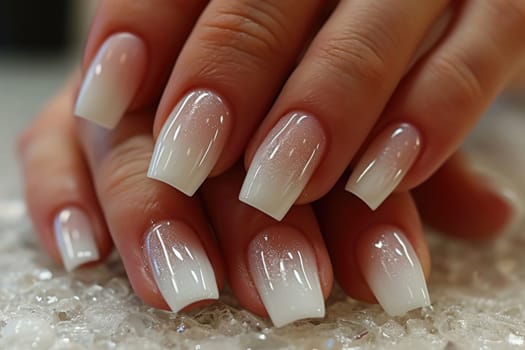 Close close-up of female manicure in pink shades.