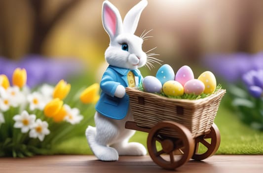 Easter bunny symbol and online store concept. cute white bunny rolls a cart full of Easter eggs and flowers