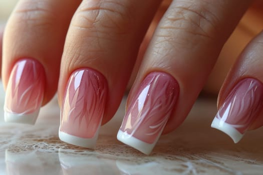 Close-up of a woman's manicure in pink tones, perfectly executed.