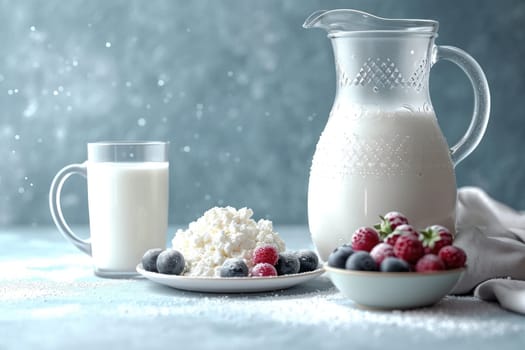 Juicy breakfast on a blue background with a jug of milk, cottage cheese and fresh berries