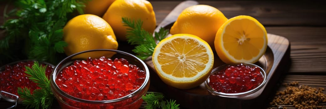 A juicy combination of red caviar and fresh lemon on a stylish banner.