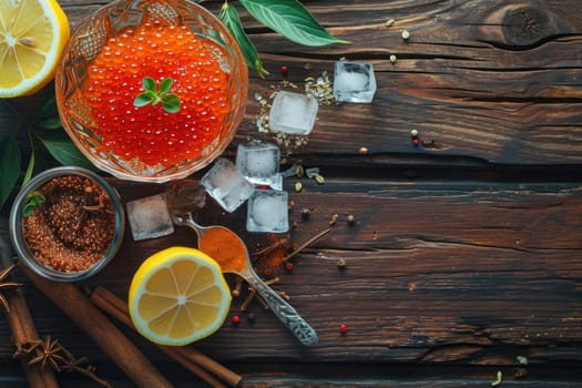 Exquisite red caviar with aromatic spices and fresh lemon on a warm wooden background