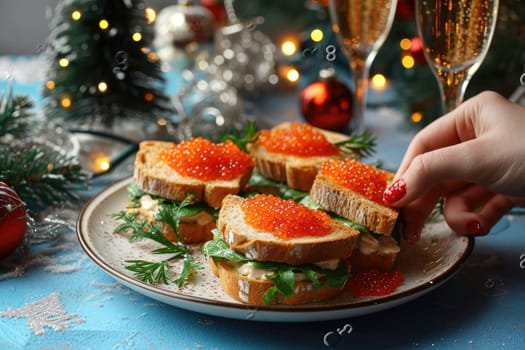 Female hand taking sandwich with red caviar on festive background.