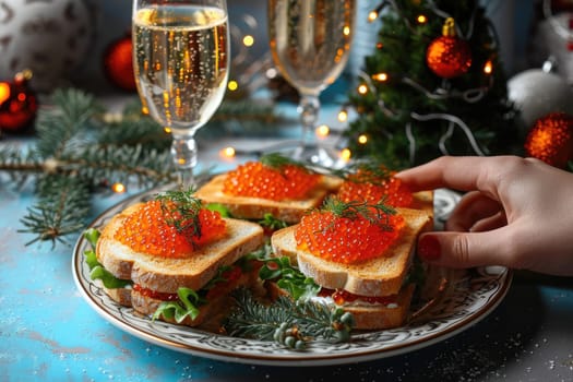 Female hand taking sandwich with red caviar on festive background.