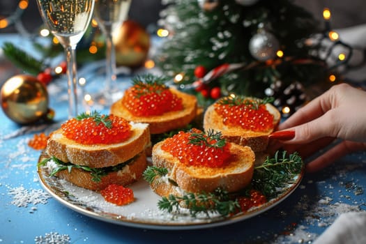 Female hand raising luxury sandwich with red caviar in light of festive atmosphere.