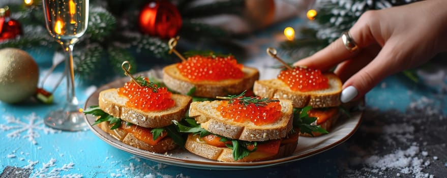 Luxury sandwich with red caviar presented in the hand of a lady on the background of a festive atmosphere