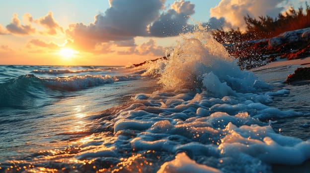 Foam-covered sea waves create a mesmerizing view near the shore at sunset