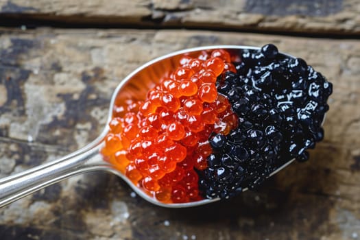 An exquisite spoon with red and black caviar decorates a natural wooden background