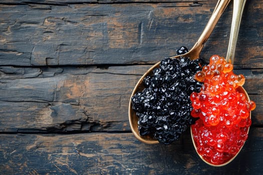 A spoon with red and black caviar shows its beauty on a natural wooden background