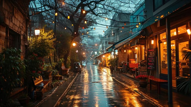 After the rain, yellow lights add an atmosphere of coziness and warmth to the street
