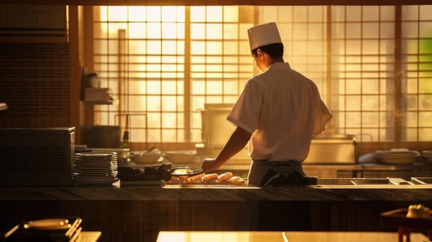 Back view of chef at work in kitchen. This shot captures the atmosphere of creativity and professionalism in the culinary world.