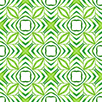 Ikat repeating swimwear design. Green tempting boho chic summer design. Textile ready interesting print, swimwear fabric, wallpaper, wrapping. Watercolor ikat repeating tile border.