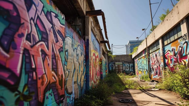 Photos of bright graffiti on the walls of small streets, reflecting urban culture and adding creative design to urban spaces.