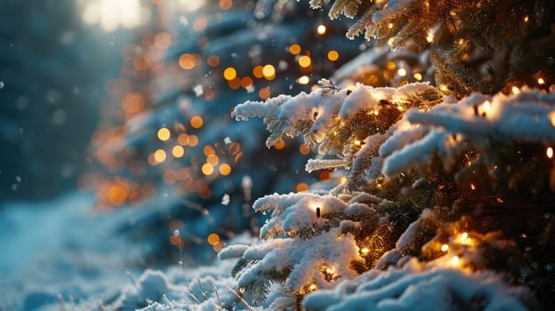 Photo of snow-covered Christmas trees with garlands, among the white snow, creating an amazing magic of the winter forest and a festive atmosphere.