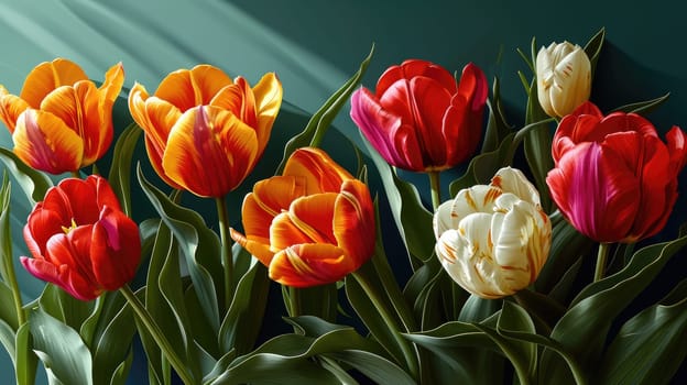 Bright multi-colored tulips on a light background create an atmosphere of spring tenderness and inspire with the rainbow colors of nature.