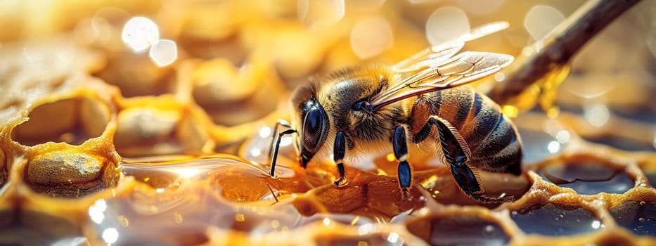 Honey bee sitting on hexagon patterned honeycomb. selective focus. animals. Generative AI,