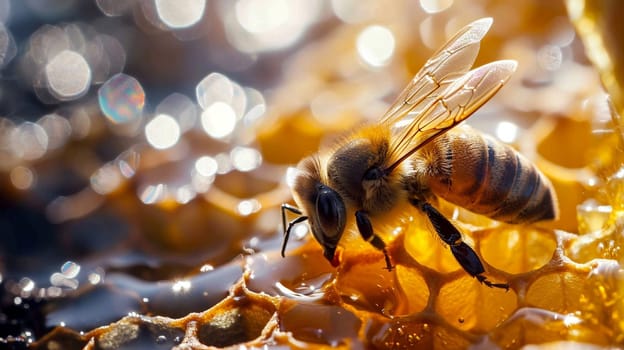 Honey bee sitting on hexagon patterned honeycomb. selective focus. animals. Generative AI,