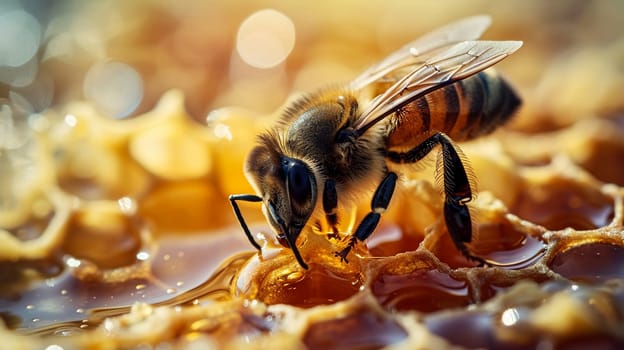 Honey bee sitting on hexagon patterned honeycomb. selective focus. animals. Generative AI,