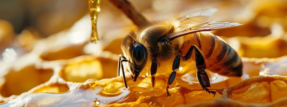 Honey bee sitting on hexagon patterned honeycomb. selective focus. animals. Generative AI,