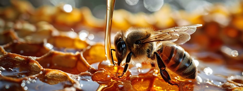 Honey bee sitting on hexagon patterned honeycomb. selective focus. animals. Generative AI,