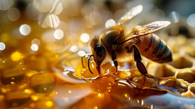 Honey bee sitting on hexagon patterned honeycomb. selective focus. animals. Generative AI,