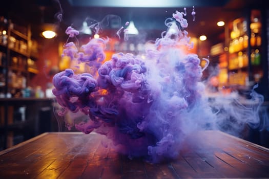 Clouds of purple ink and smoke over a wooden surface. Abstract background.