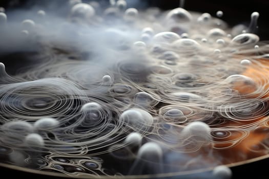 Puffs of steam with water drops, abstract background.