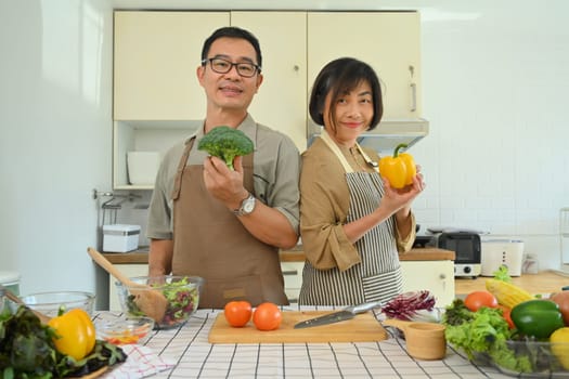 Beautiful senior couple cooking in cozy kitchen with fresh organic vegetables on table. Healthy eating concept.