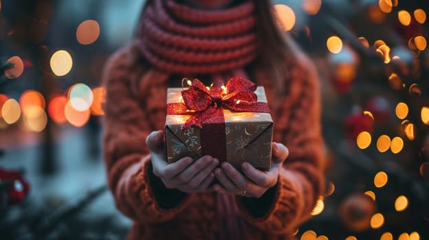 Girl holding a box with a gift in her hands. selective focus. holiday Generative AI,