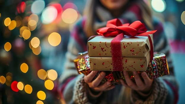 Girl holding a box with a gift in her hands. selective focus. holiday Generative AI,