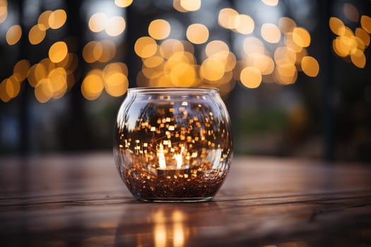 Glass vessel on wet asphalt with street bokeh background.