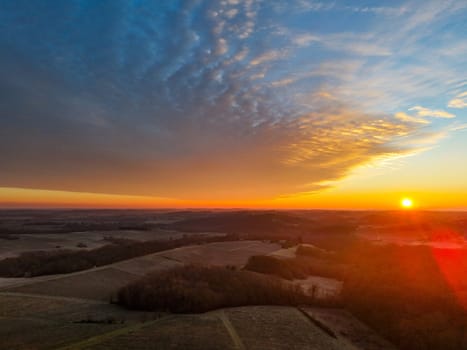 Aerial view of Bordeaux vineyard in winter at sunrise, Rions, Gironde, France. High quality photo