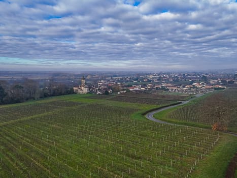 FRANCE, GIRONDE, LOUPIAC, AERIAL VIEW LOUPIAC VILLAGE AND ITS VINEYARD, BORDEAUX VINEYARD, FRANCE. High quality photo