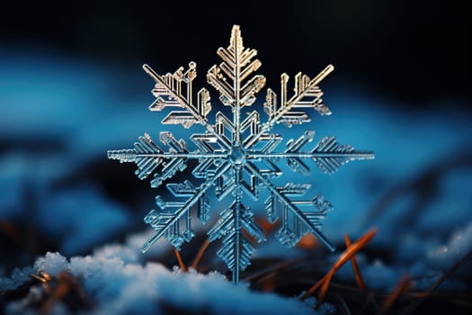 Beautiful crystal snowflake on the snow. Winter background.