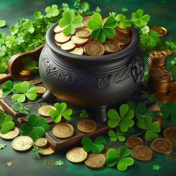 Cauldron with coins for St. Patrick's Day. Generative AI. High quality illustration