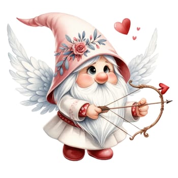 Valentines gnome, love Nordic gnome, Scandinavian gnomes, Watercolor cute valentines day postcard. Vellichor.