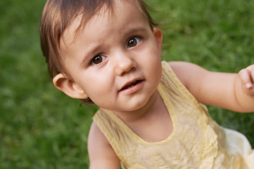 Sweet, grass and portrait of girl baby having fun and playing in backyard, park or garden. Nature, cute and face of kid, infant or toddler sitting on lawn for child development senses outdoor at home.