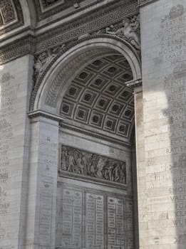 France, Paris - Jan 03, 2024 - Detail under view of carvings under the arch of the Triumphal Arch. View from the famous Arc de Triomphe, Iconic touristic architectural landmark of Paris, Selective focus.