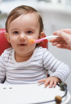 Eating, sweet and portrait of baby in chair with vegetable food for child development at home. Cute, nutrition and hungry boy kid or toddler enjoying healthy lunch, dinner or supper meal at house