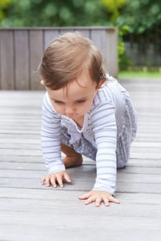 Baby, crawling and curious on floor, child development and growth with learning, coordination and home. Girl, mobility and healthy in playful, childhood or balance with arms, kid or adorable.